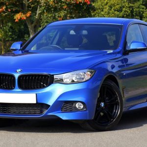 Blue Bmw Sedan Near Green Lawn Grass